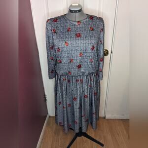 Handmade Black & Grey Plaid Red Roses Print Long Sleeve Elastic Waistband Dress